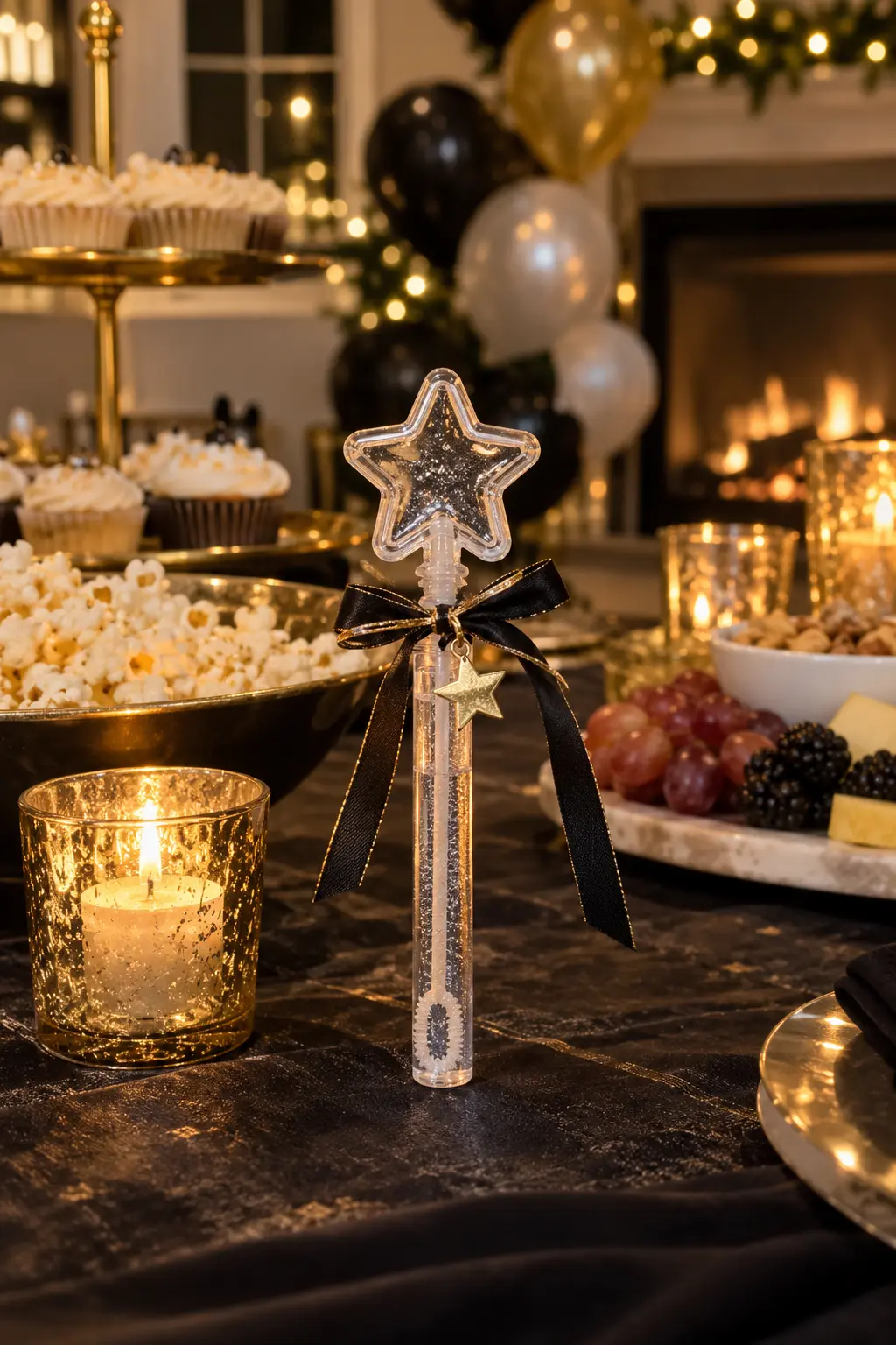 star-shaped bubble wand beside a family New Year's Eve snack table