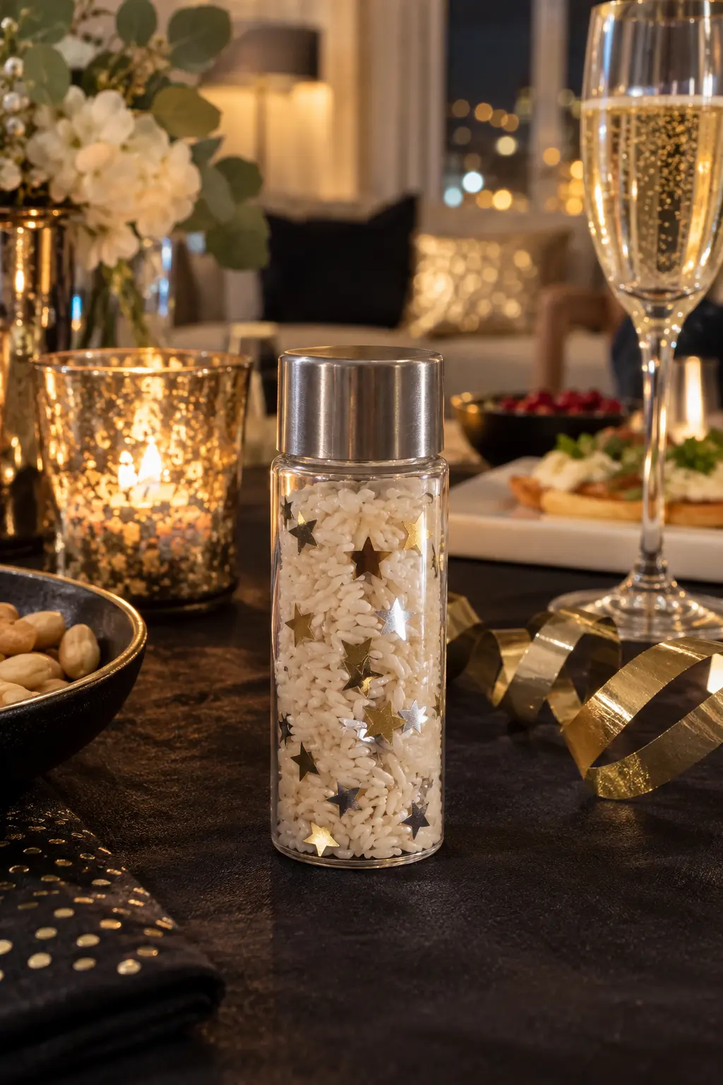 clear sealed sensory shaker filled with dry rice and metallic paper stars