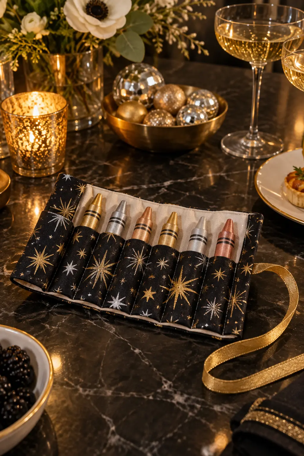 fabric crayon roll holding chunky metallic crayons