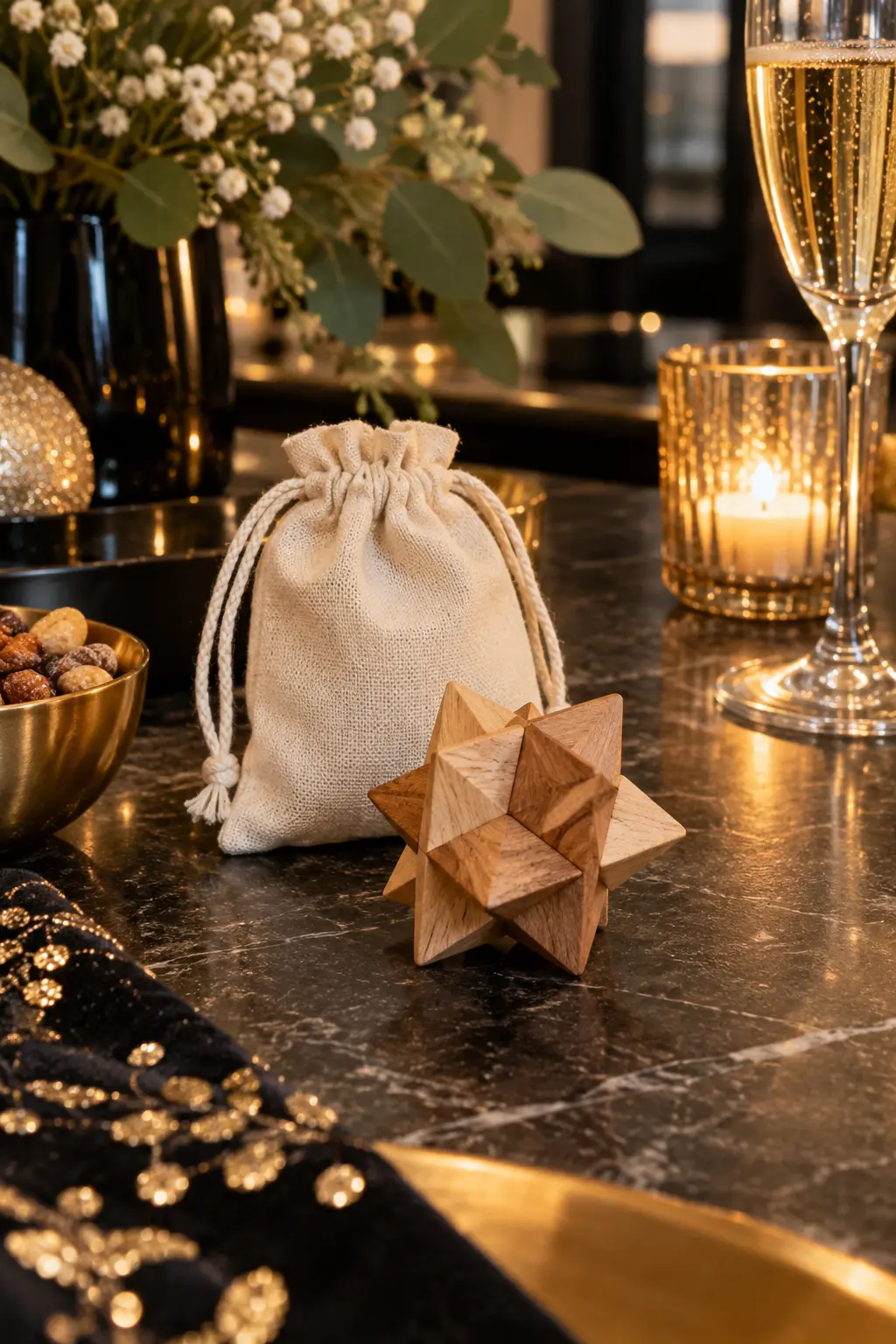 small interlocking wooden star puzzle in a cotton pouch