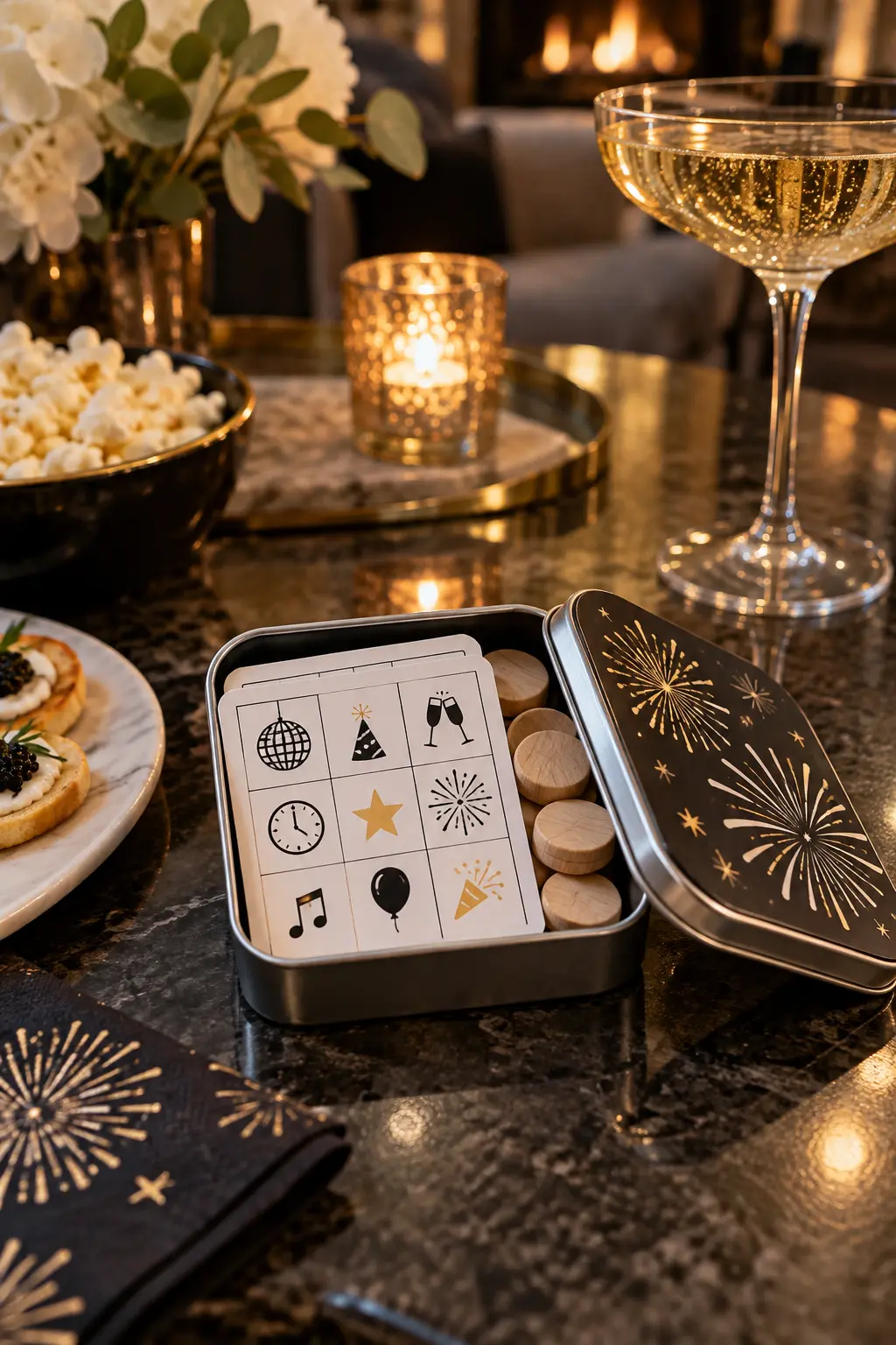small reusable tin holding icon-based party bingo cards and wooden markers