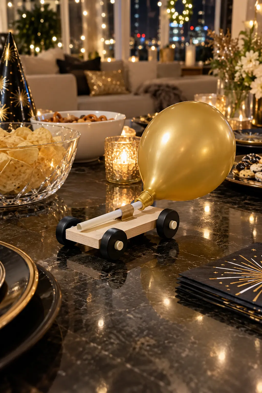 simple balloon-powered toy car kit laid out on a family party table