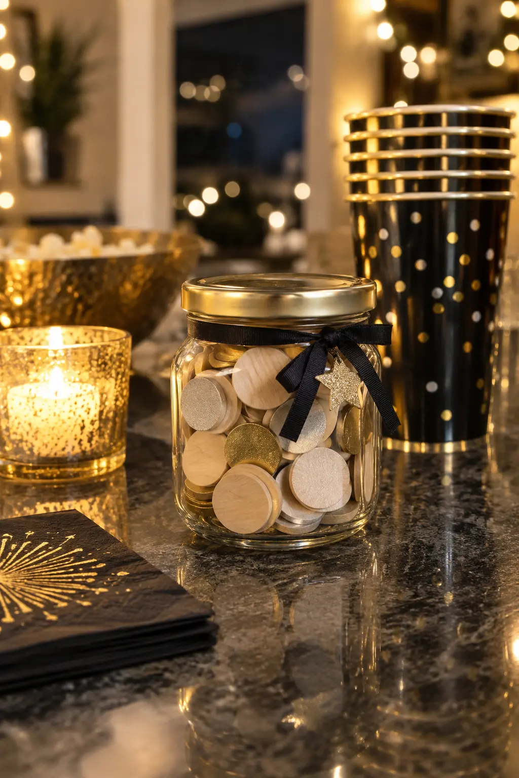 small jar filled with smooth wooden tokens beside colorful party cups