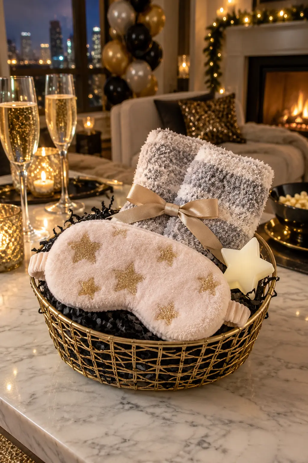 soft star sleep mask fuzzy socks and a small glow star arranged in a basket