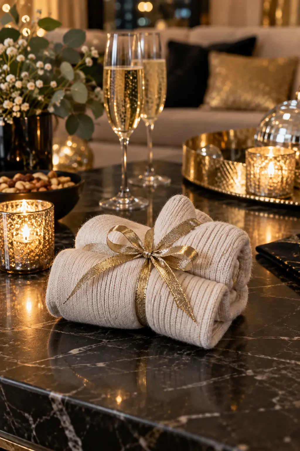 pair of soft neutral socks rolled with a narrow metallic ribbon