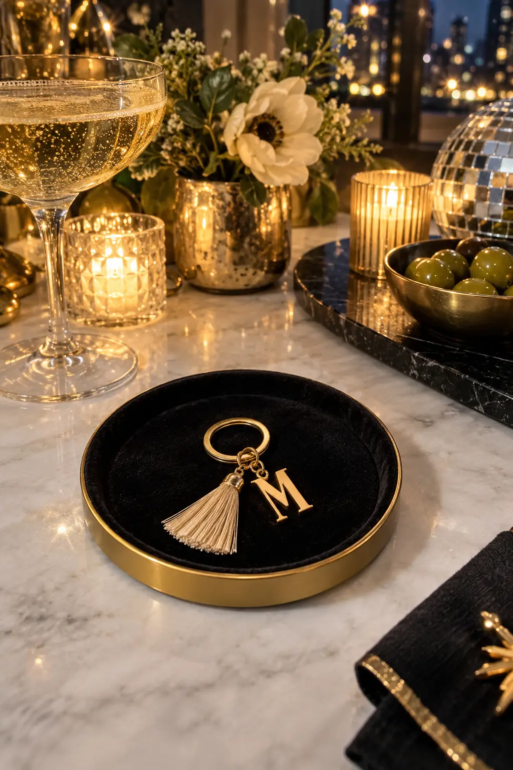 small metal initial charm keychain on a velvet tray