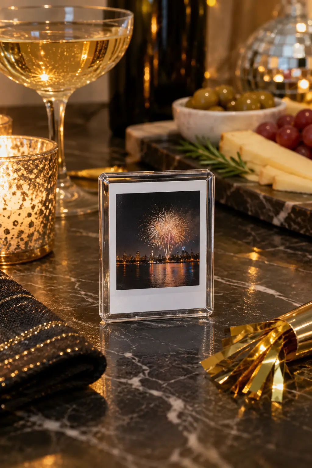 small instant party photo inside a clear acrylic refrigerator magnet
