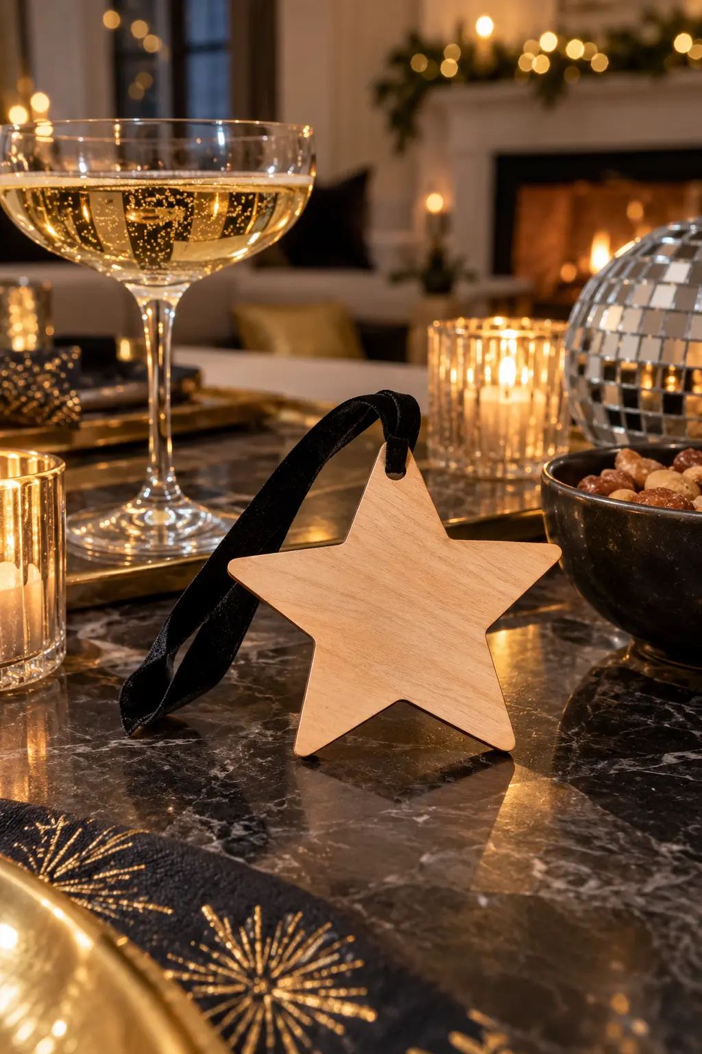 plain engraved wooden star ornament with a velvet hanging ribbon