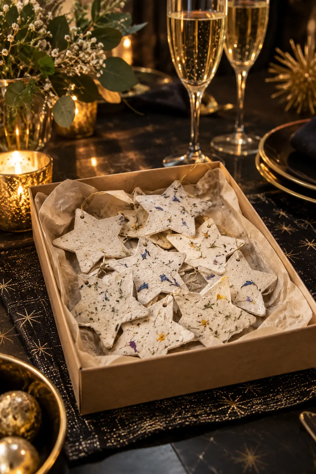 handmade seed-paper stars arranged in a shallow recycled paper box