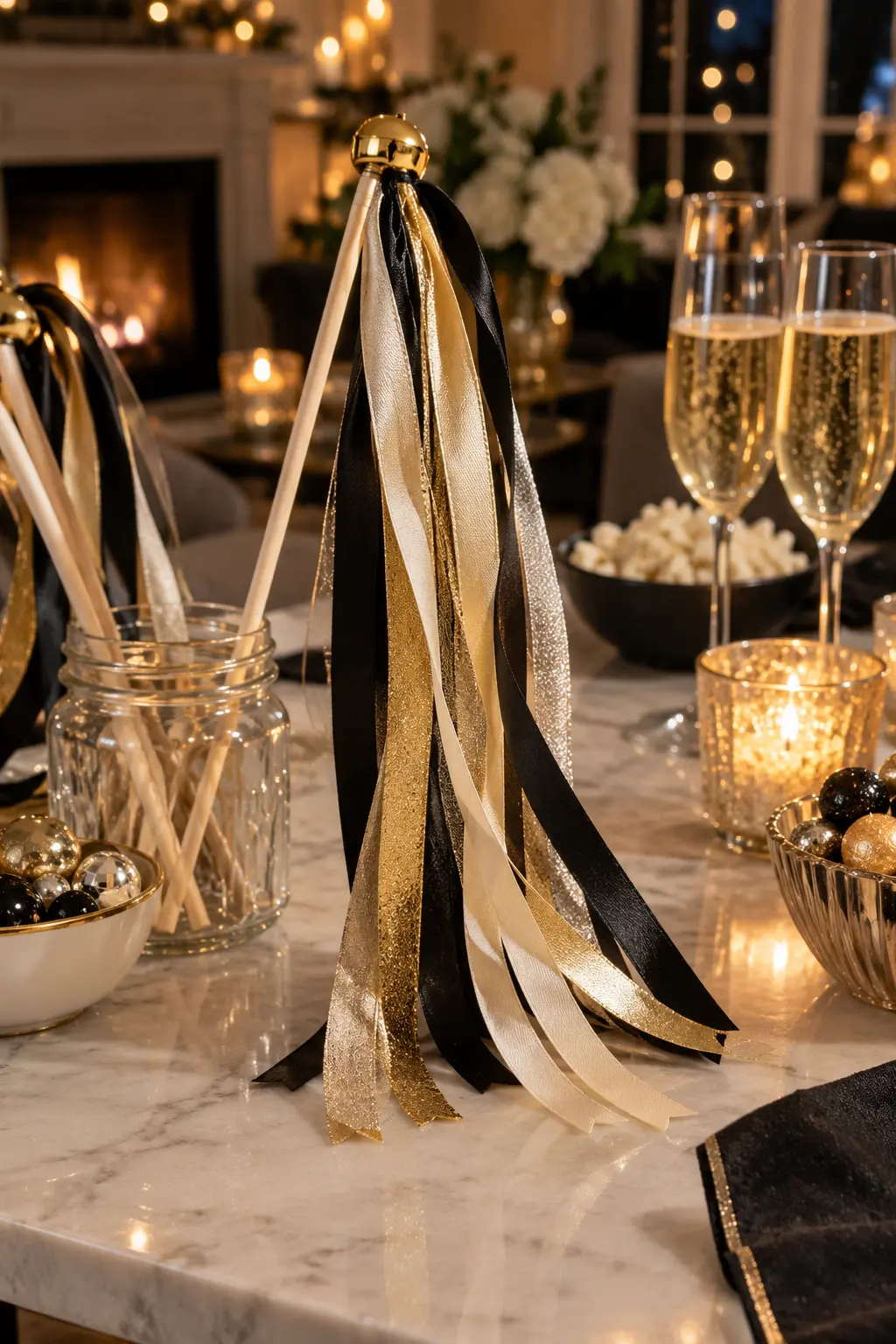 fabric ribbon wand with black gold and cream streamers