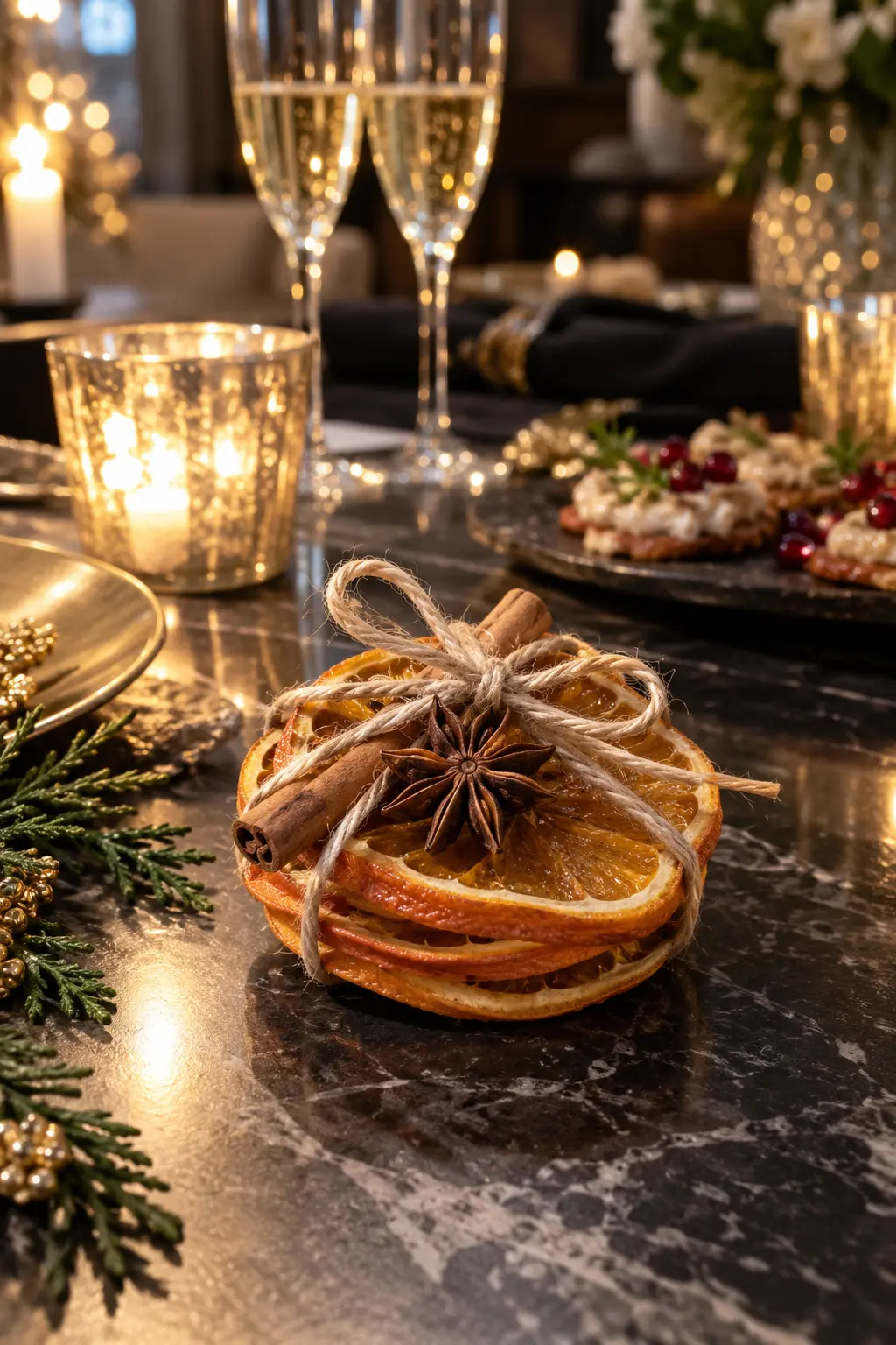 dried orange slices cinnamon sticks and star anise tied with cotton twine