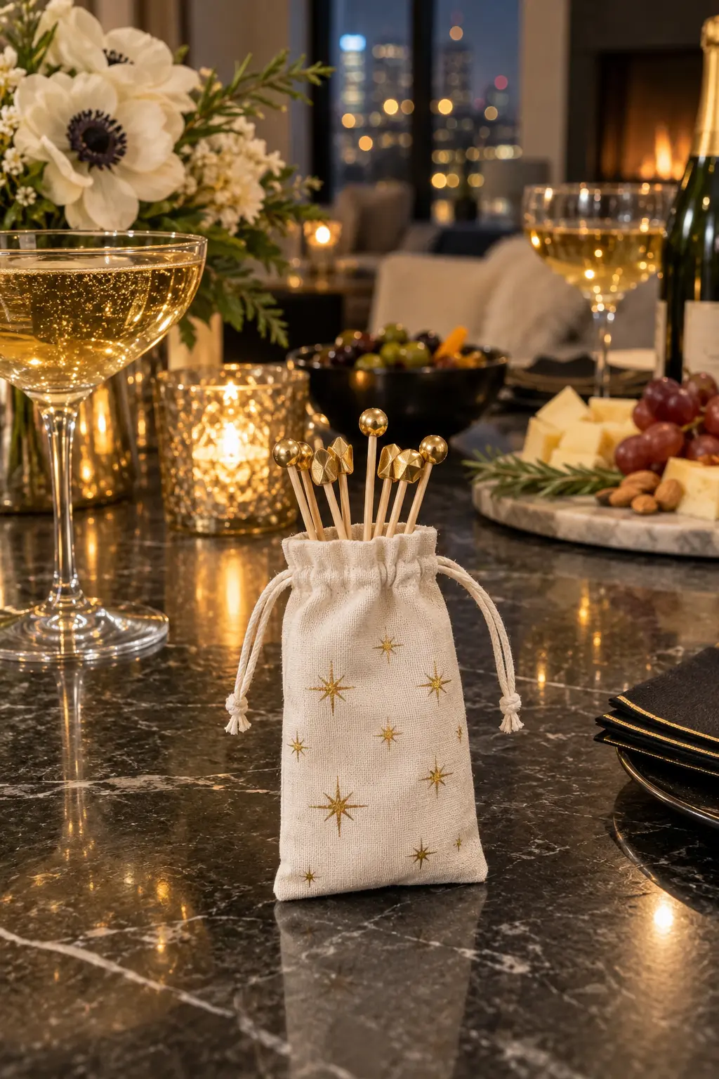 reusable bamboo cocktail picks in a small washable cotton sleeve
