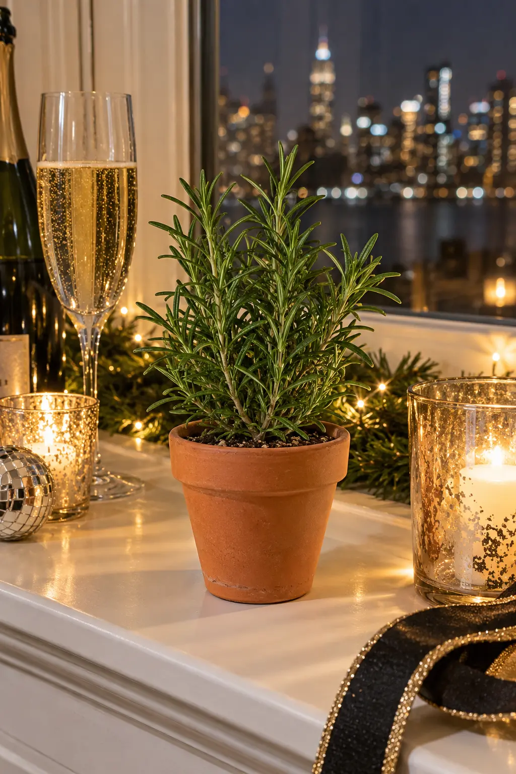 small rosemary plant in a plain terracotta pot on a party windowsill