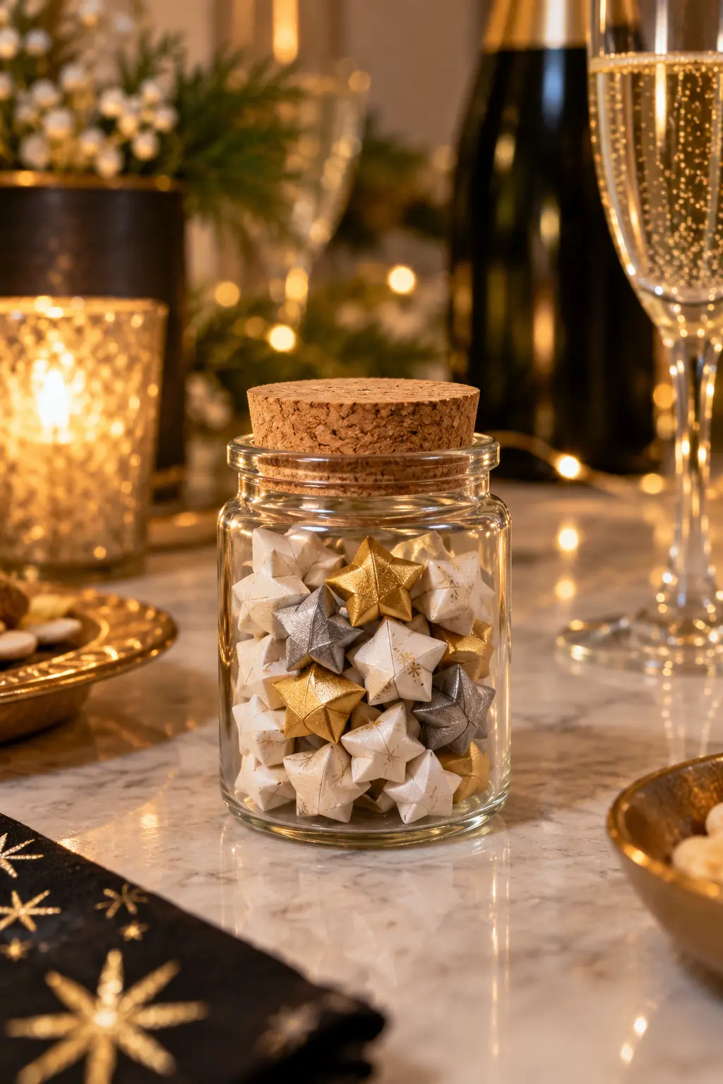 tiny folded paper stars in a reused glass jar with a cork lid