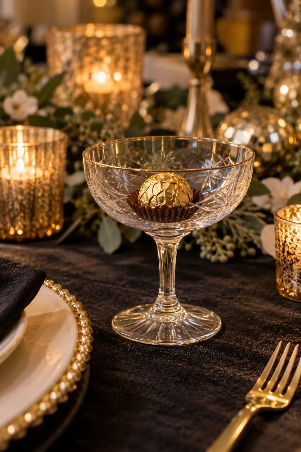 mismatched vintage coupe holding one wrapped chocolate truffle