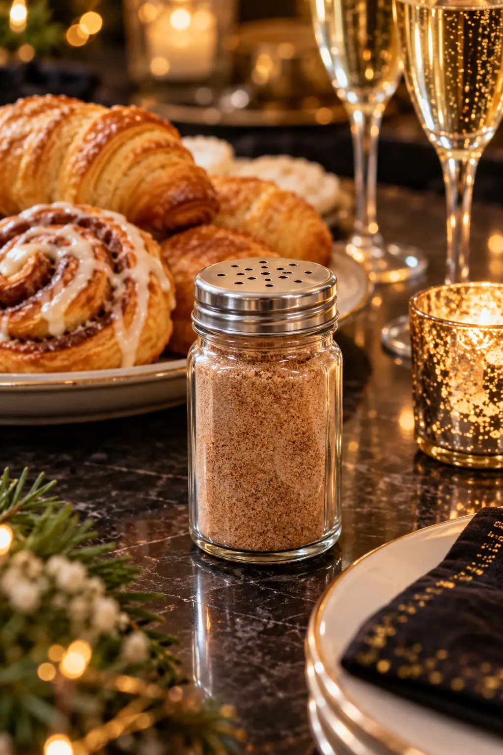 small clear spice shaker filled with cinnamon sugar beside breakfast pastries