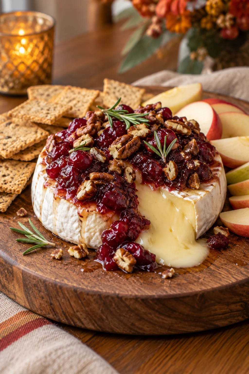 Warm baked Brie topped with cranberry sauce and toasted pecans on a Thanksgiving appetizer board