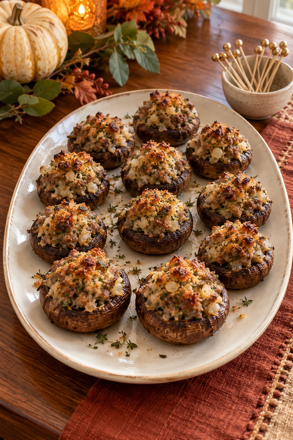 Golden sage sausage-stuffed mushrooms arranged on a ceramic Thanksgiving serving platter