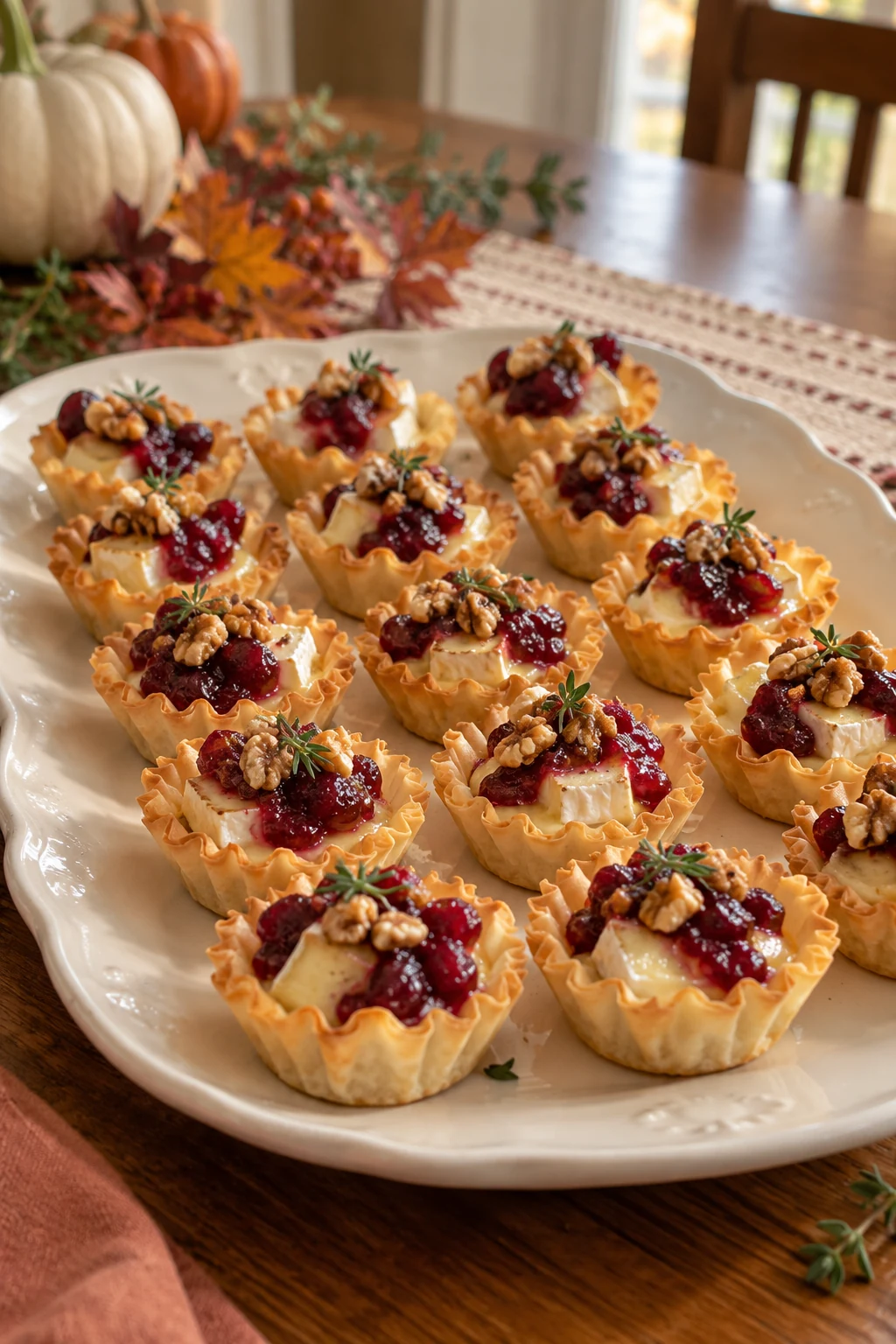 Mini phyllo cups filled with melted Brie cranberry sauce and chopped walnuts