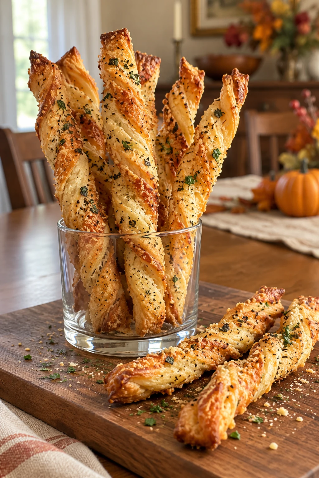 Crisp Parmesan herb puff pastry twists standing in a low serving glass
