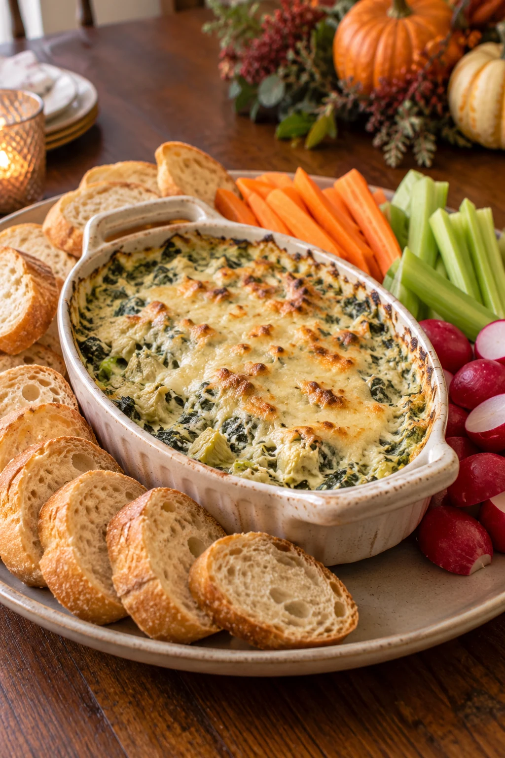 Bubbling spinach-artichoke dip in a small oval baker with bread and vegetables