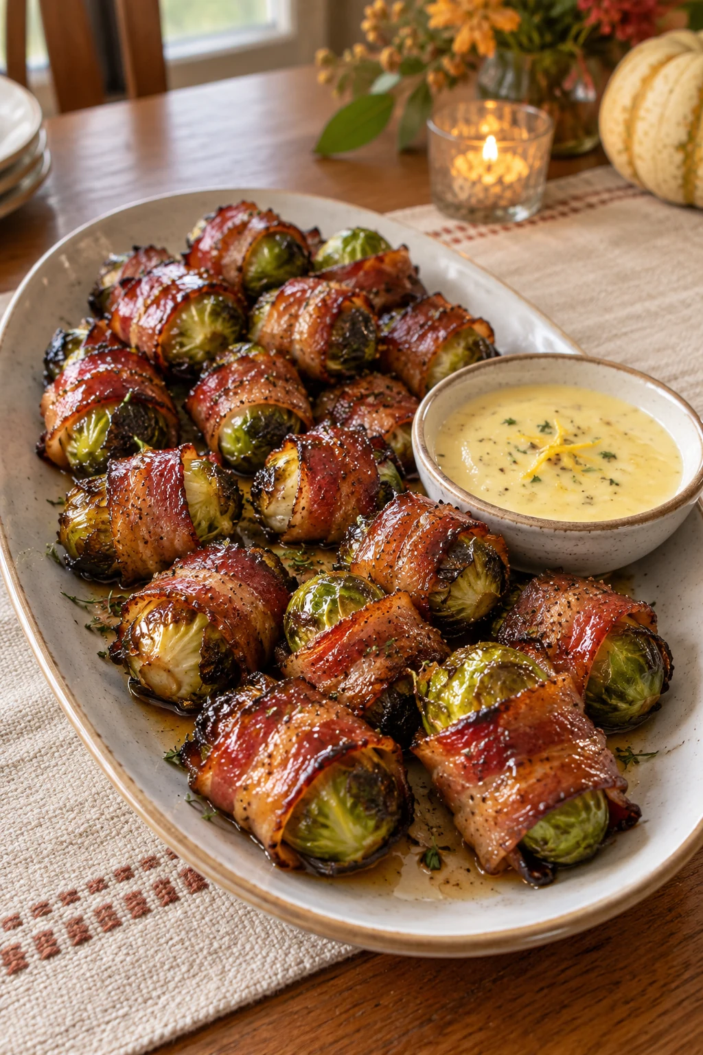 Maple-glazed bacon-wrapped Brussels sprouts served with lemon dip