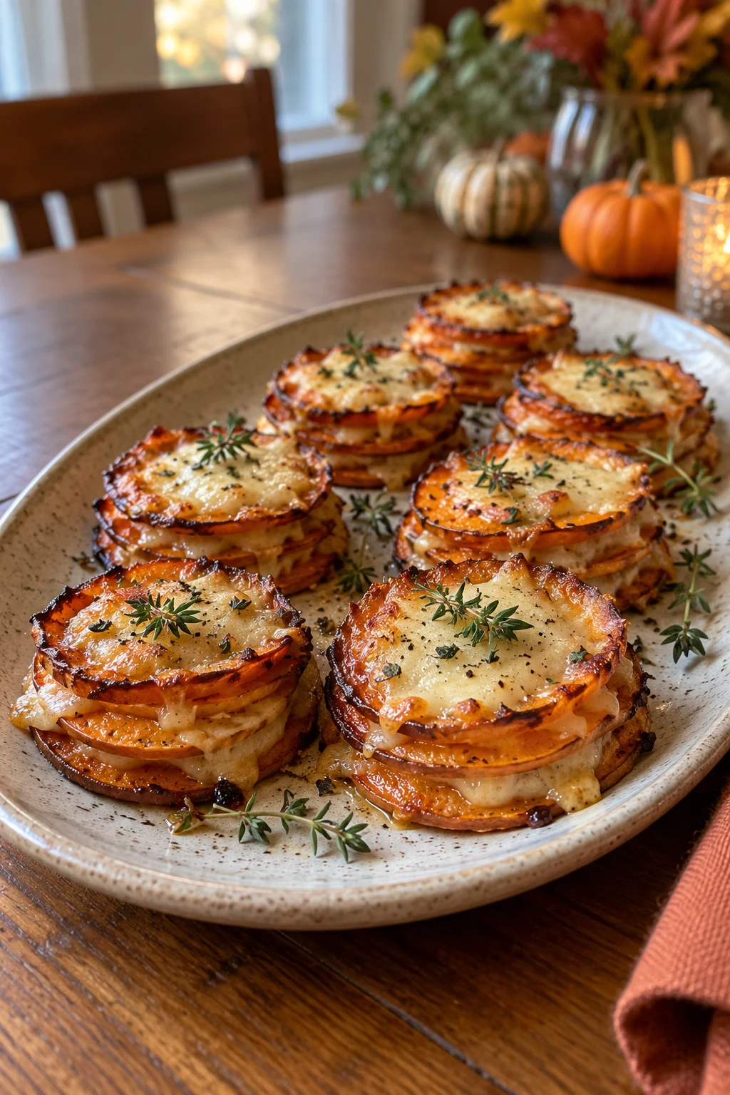 Mini sweet potato and Gruyere stacks baked in neat layered rounds