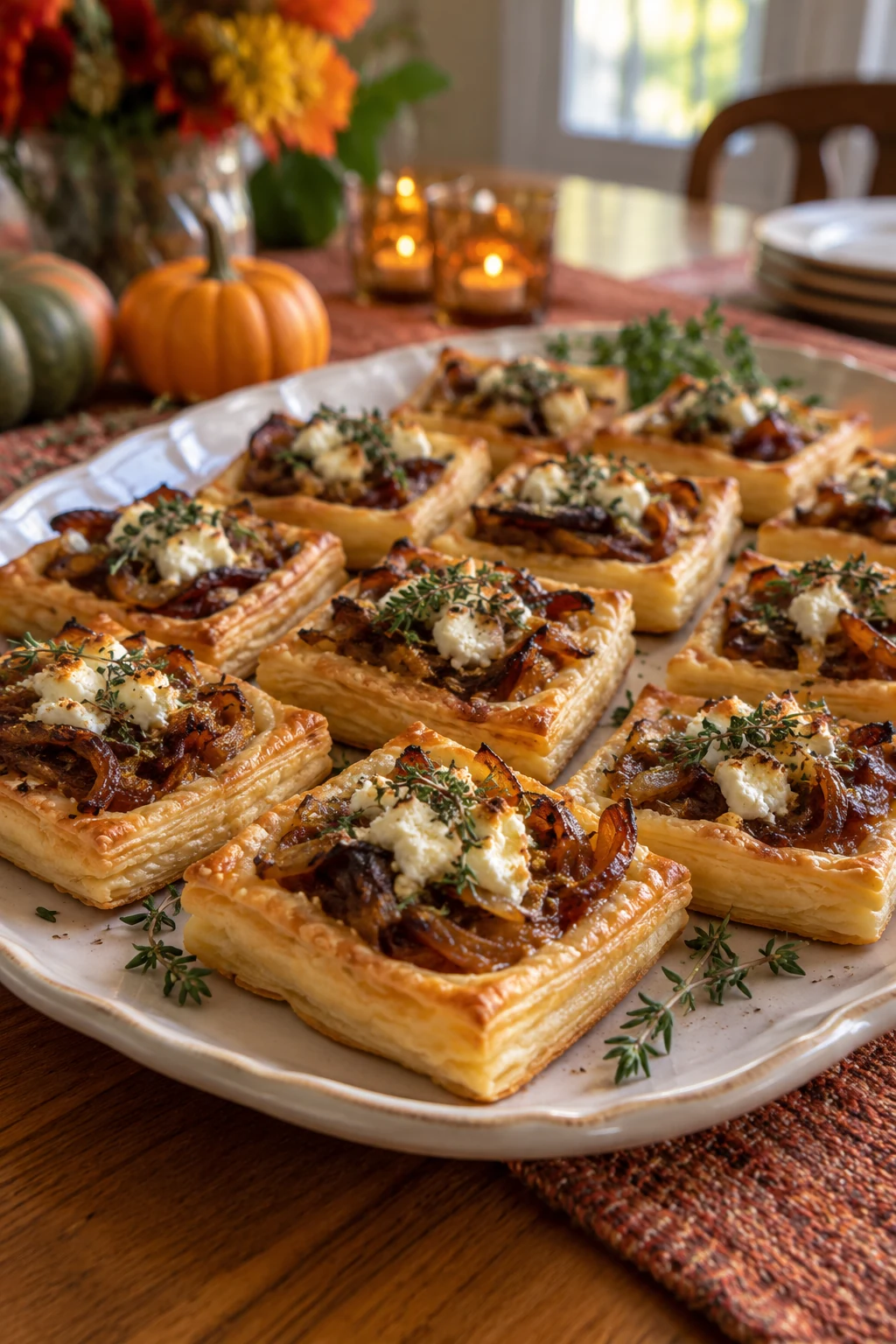 Small caramelized onion tartlets with golden pastry and thyme leaves