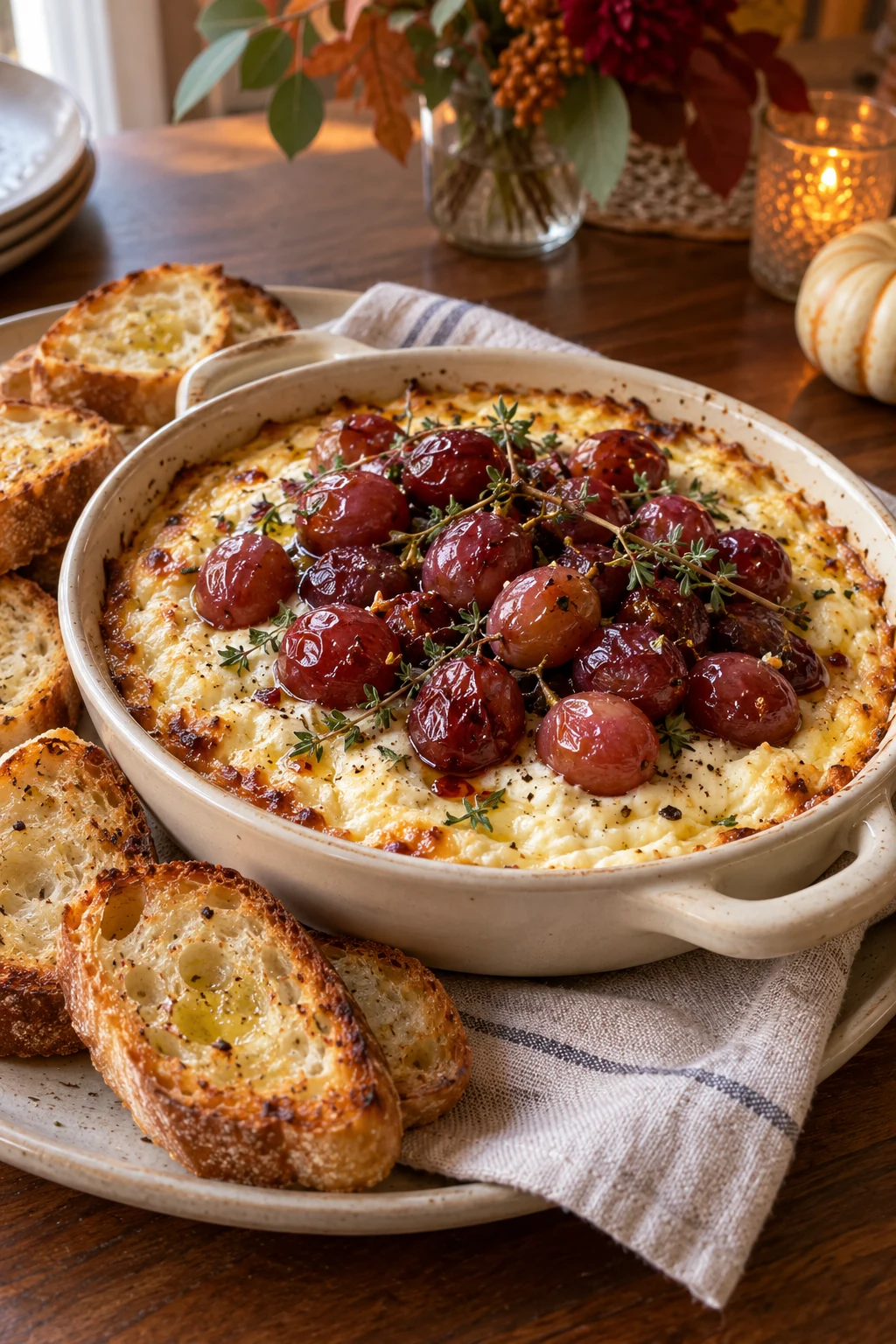 Baked ricotta topped with roasted red grapes beside toasted bread slices