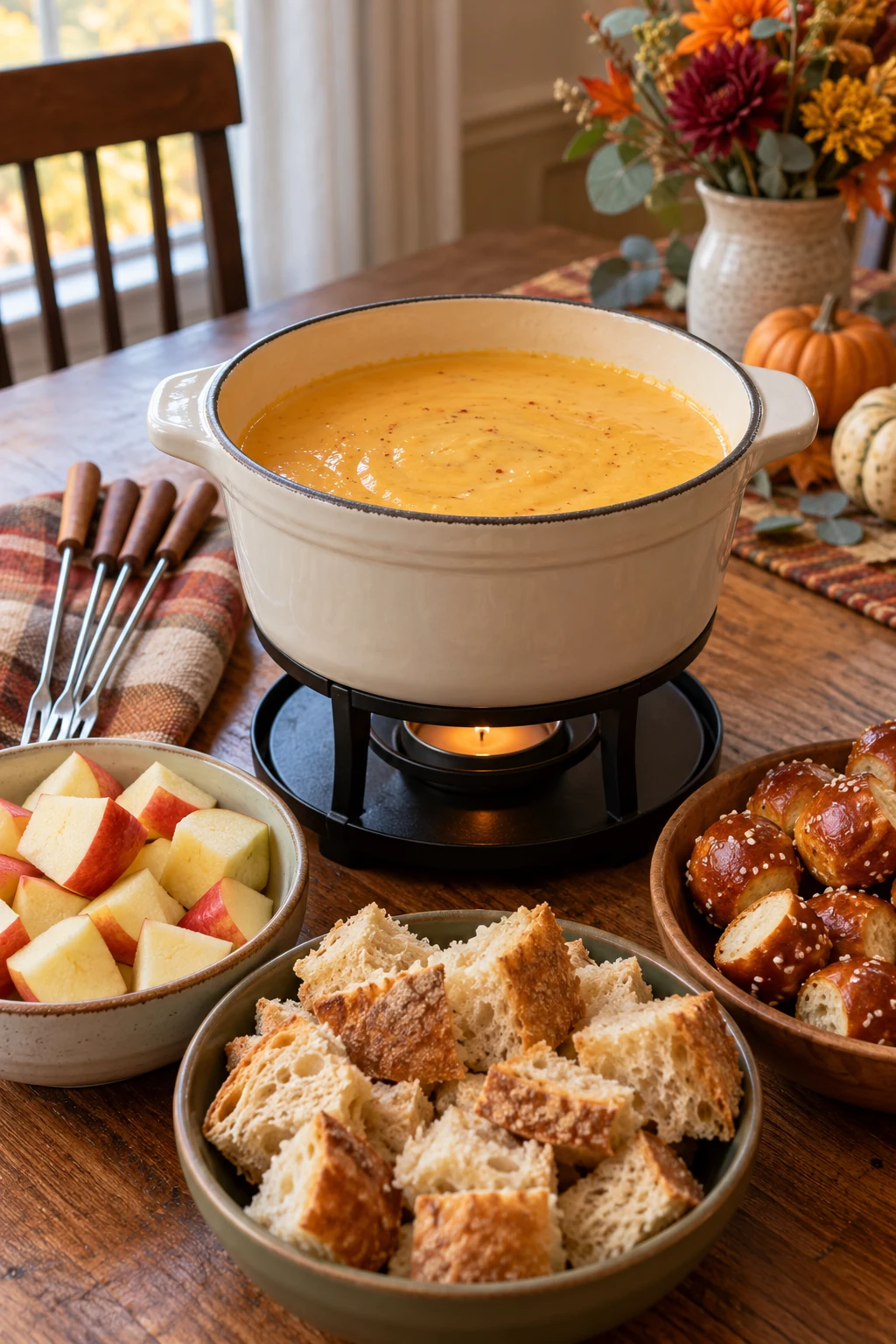 Small pot of cider-cheddar fondue with apple cubes bread and pretzel dippers