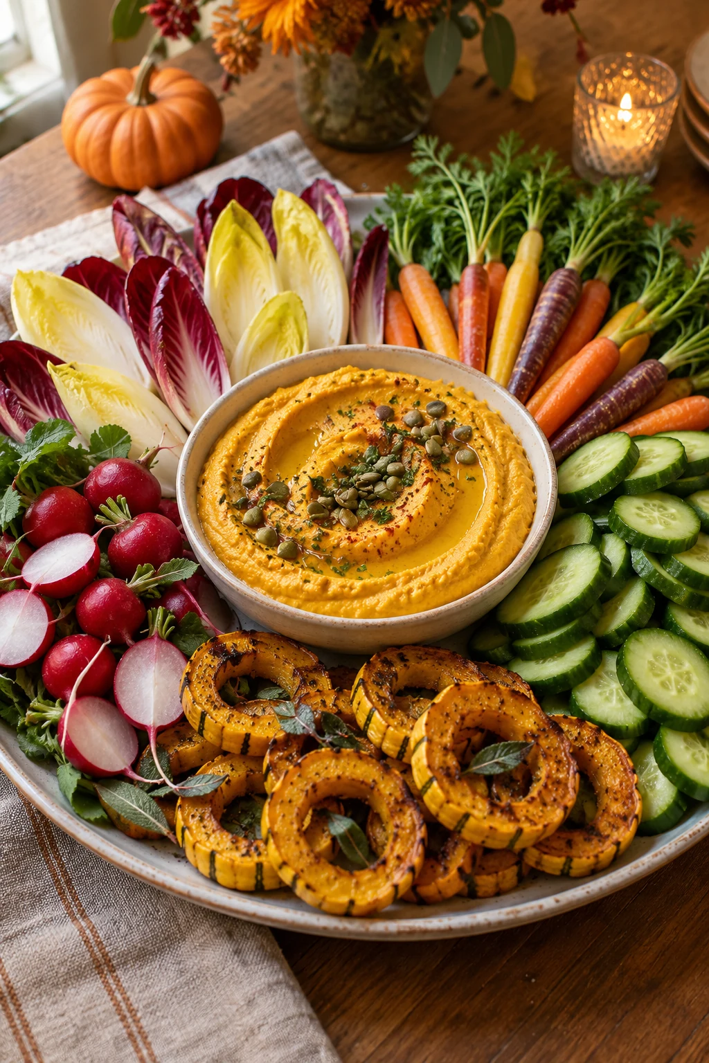 Harvest vegetable platter surrounding a bowl of orange butternut squash hummus