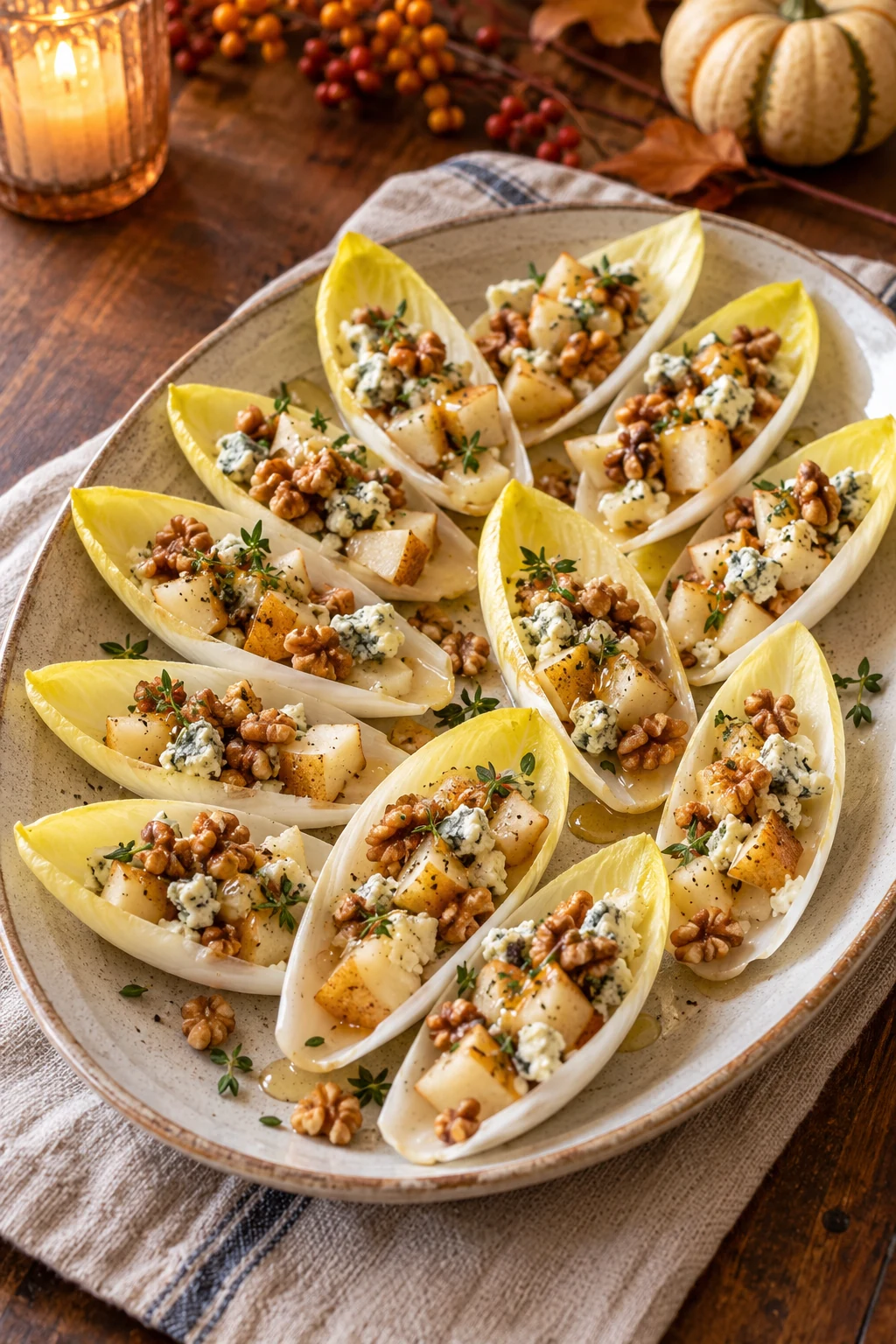 Endive leaves filled with diced pear blue cheese walnuts and herbs
