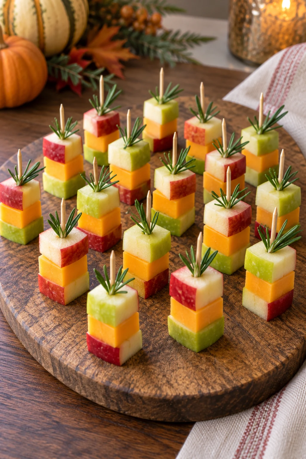 Short appetizer skewers with apple cheddar and rosemary on a wood board