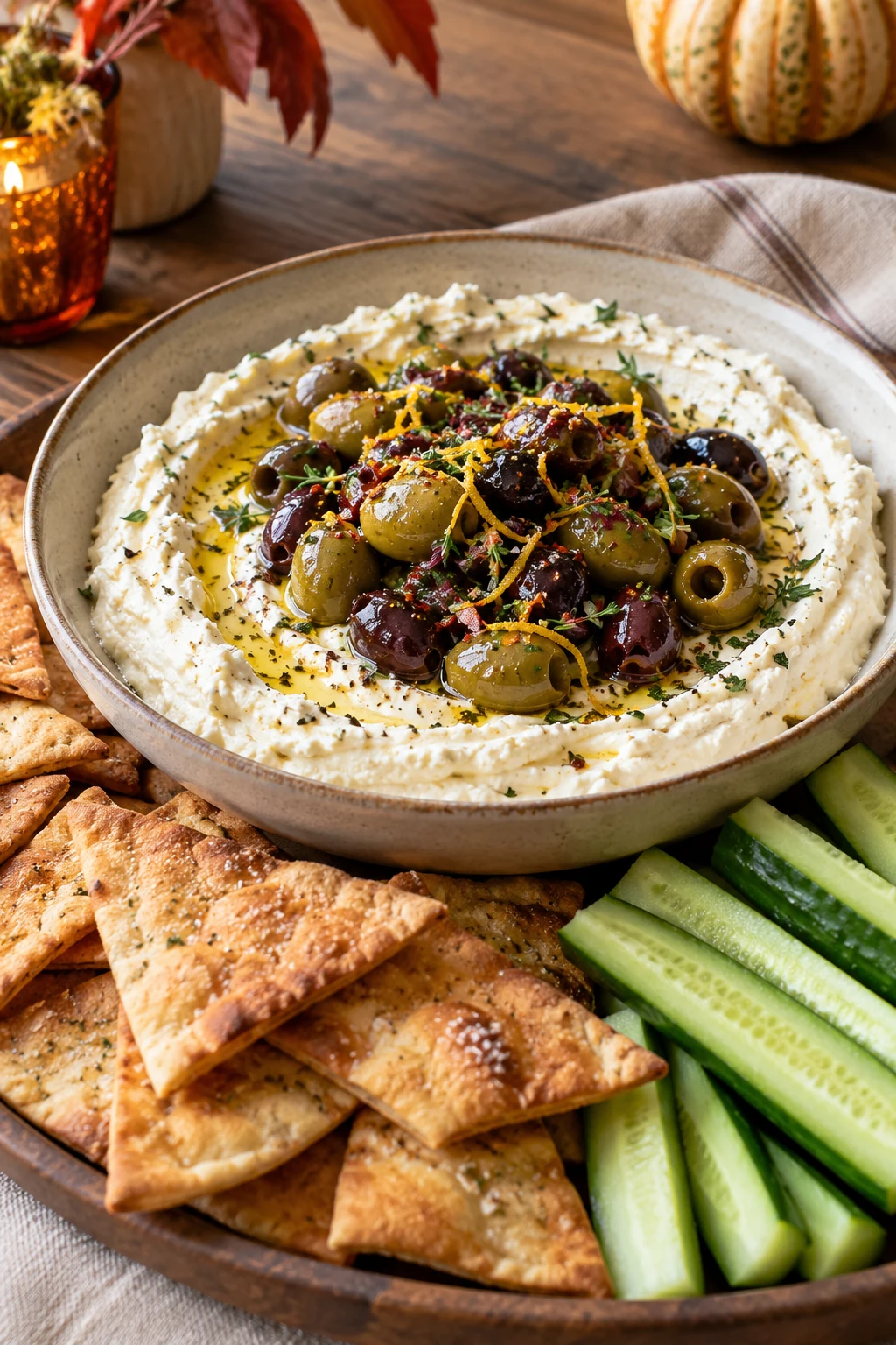 Creamy whipped feta topped with marinated green and black olives and herbs