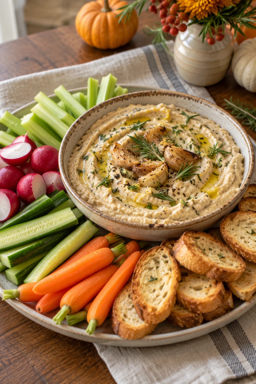 Rosemary white bean dip with olive oil served beside vegetables and toasted bread