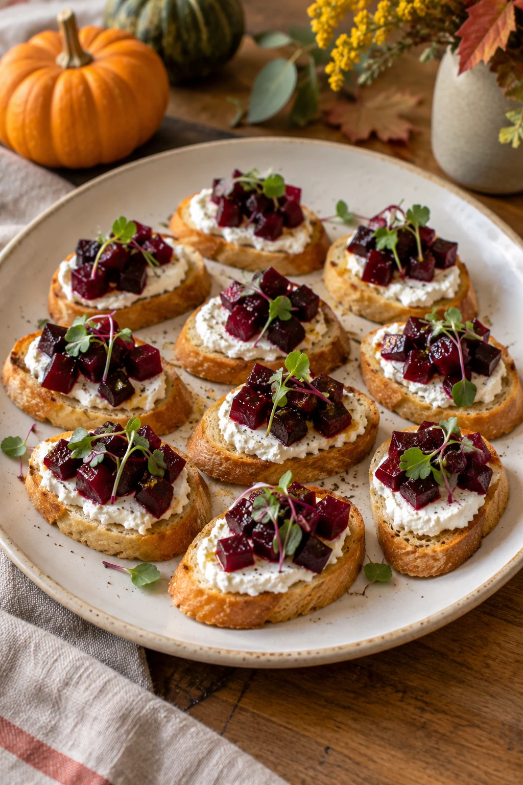 Crostini topped with whipped goat cheese diced roasted beets and microgreens