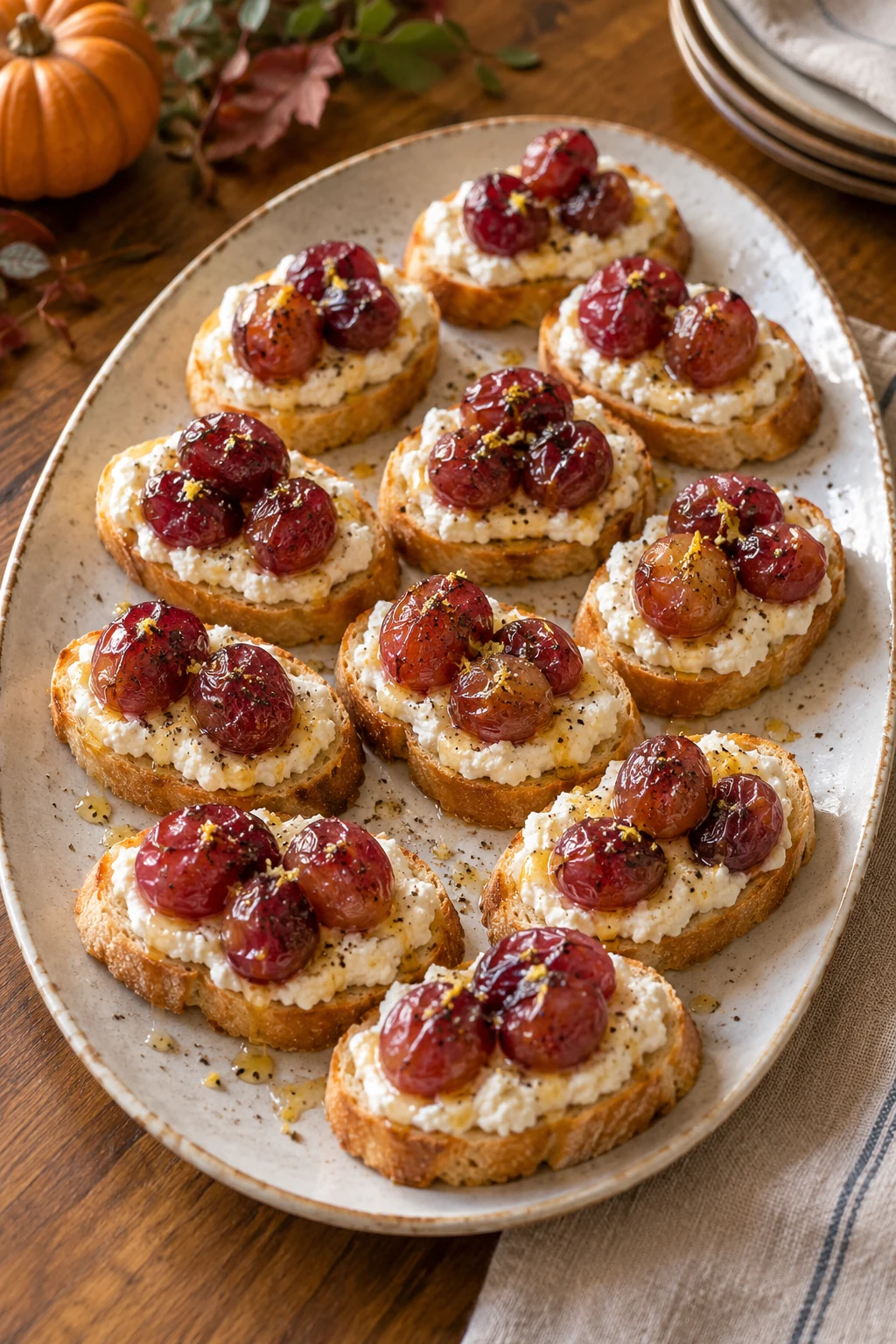 Ricotta crostini topped with roasted grapes honey and cracked black pepper