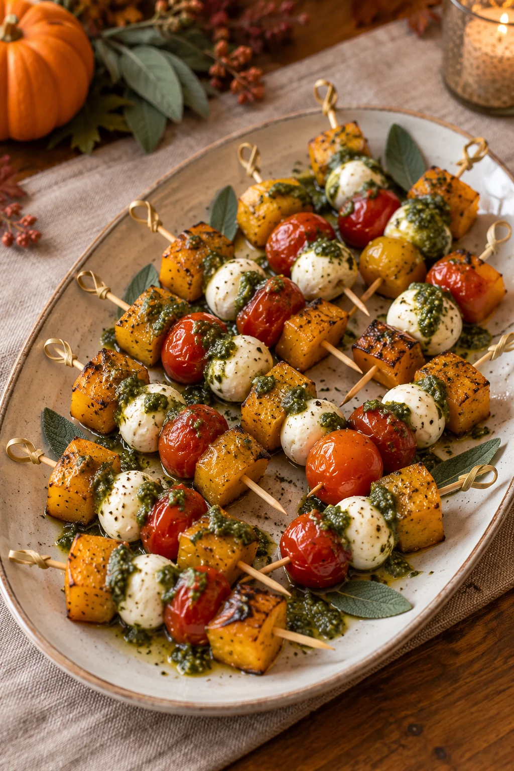 Fall appetizer skewers with roasted squash mozzarella sage pesto and tomatoes
