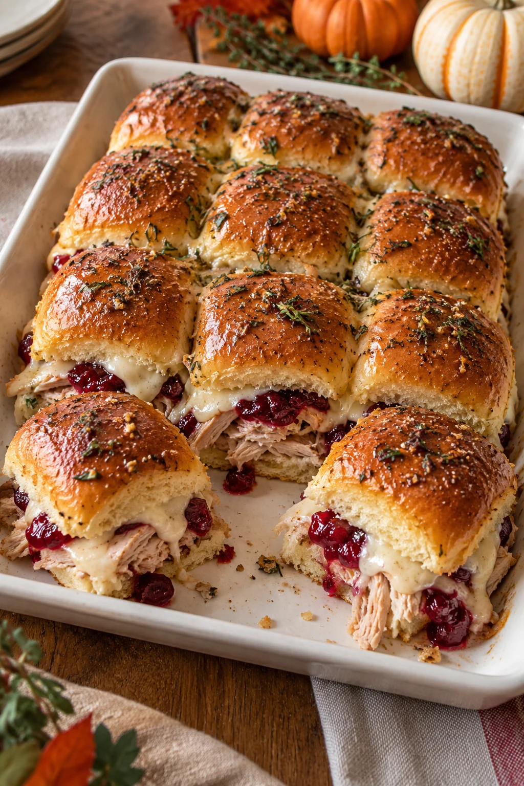 Small baked turkey and cranberry sliders with glossy herb-buttered tops