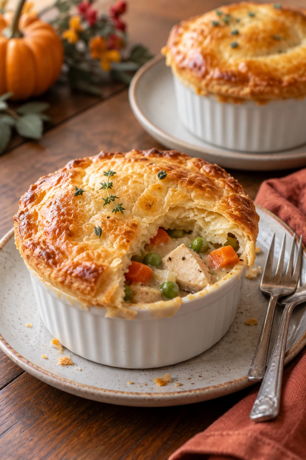 Individual golden mini chicken pot pies arranged on a Thanksgiving tray