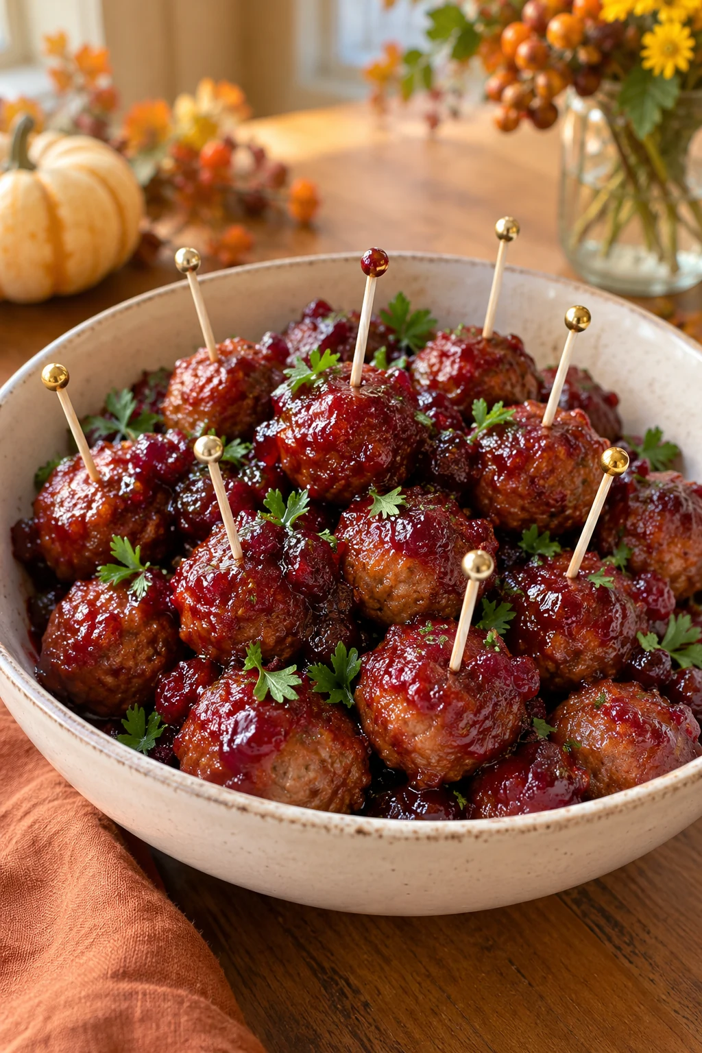 Cocktail meatballs coated in glossy cranberry glaze with parsley garnish