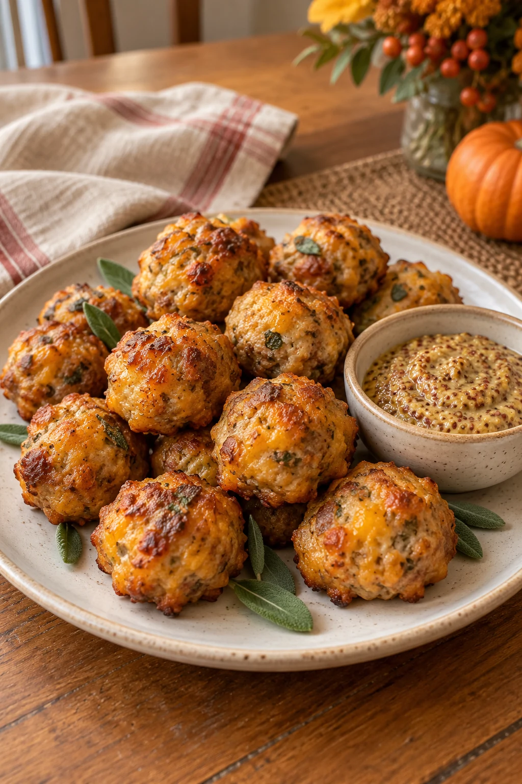 Baked sage sausage balls with crisp browned edges and mustard dip