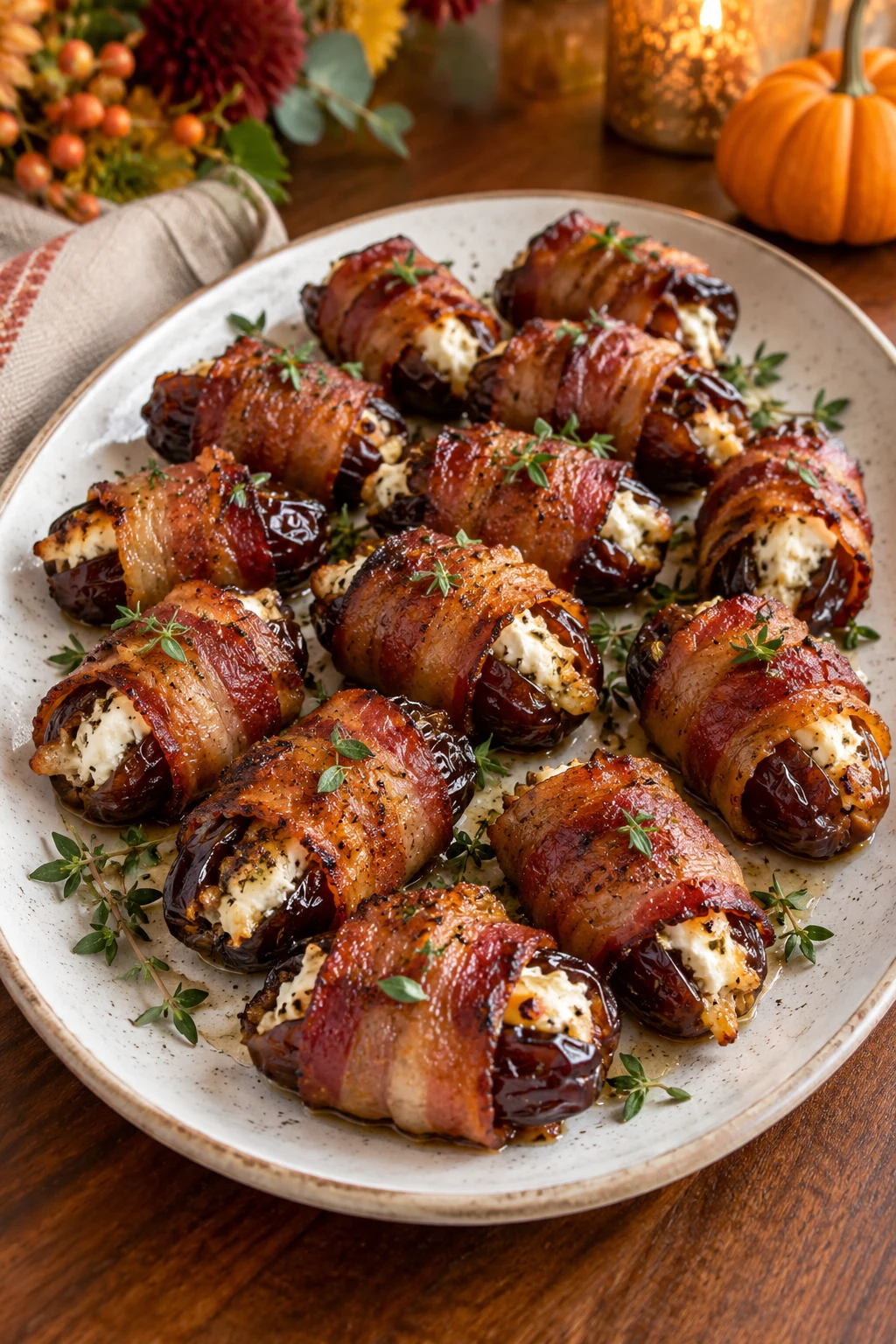 Bacon-wrapped dates filled with goat cheese and finished with thyme