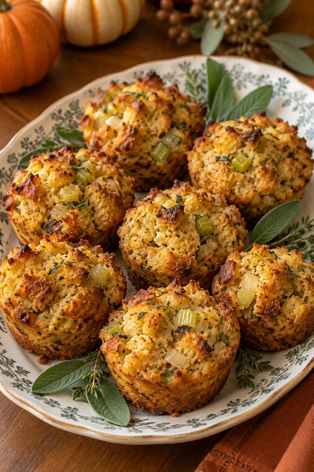 Savory cornbread stuffing muffins with crisp tops and sage on a platter