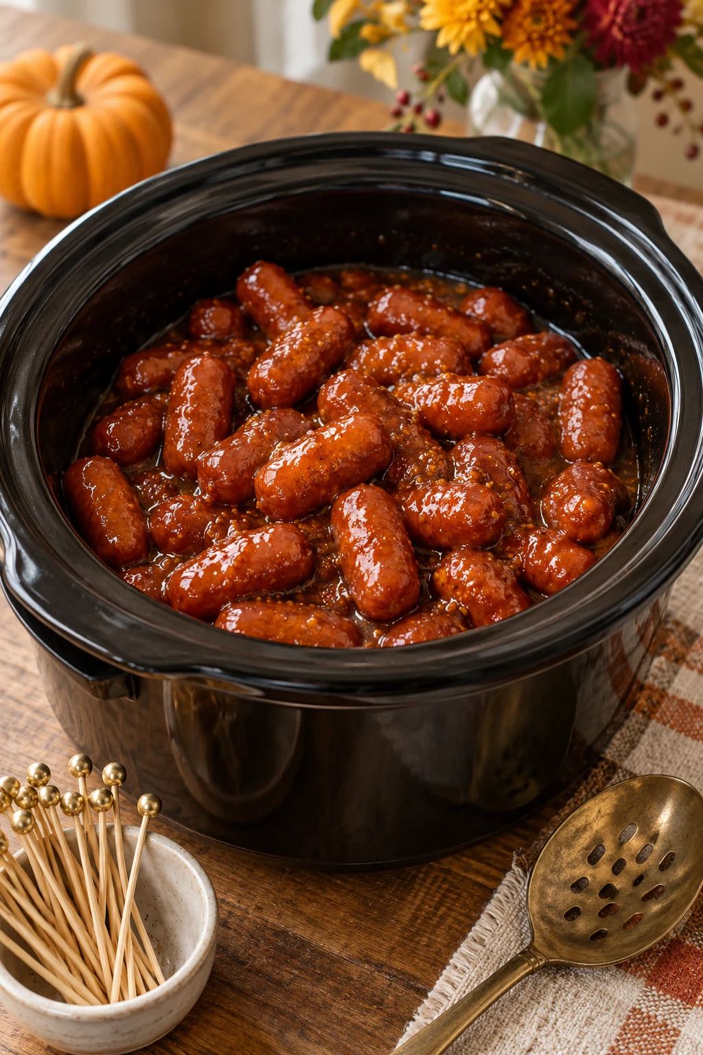 Small cocktail sausages in maple mustard glaze inside a compact slow cooker