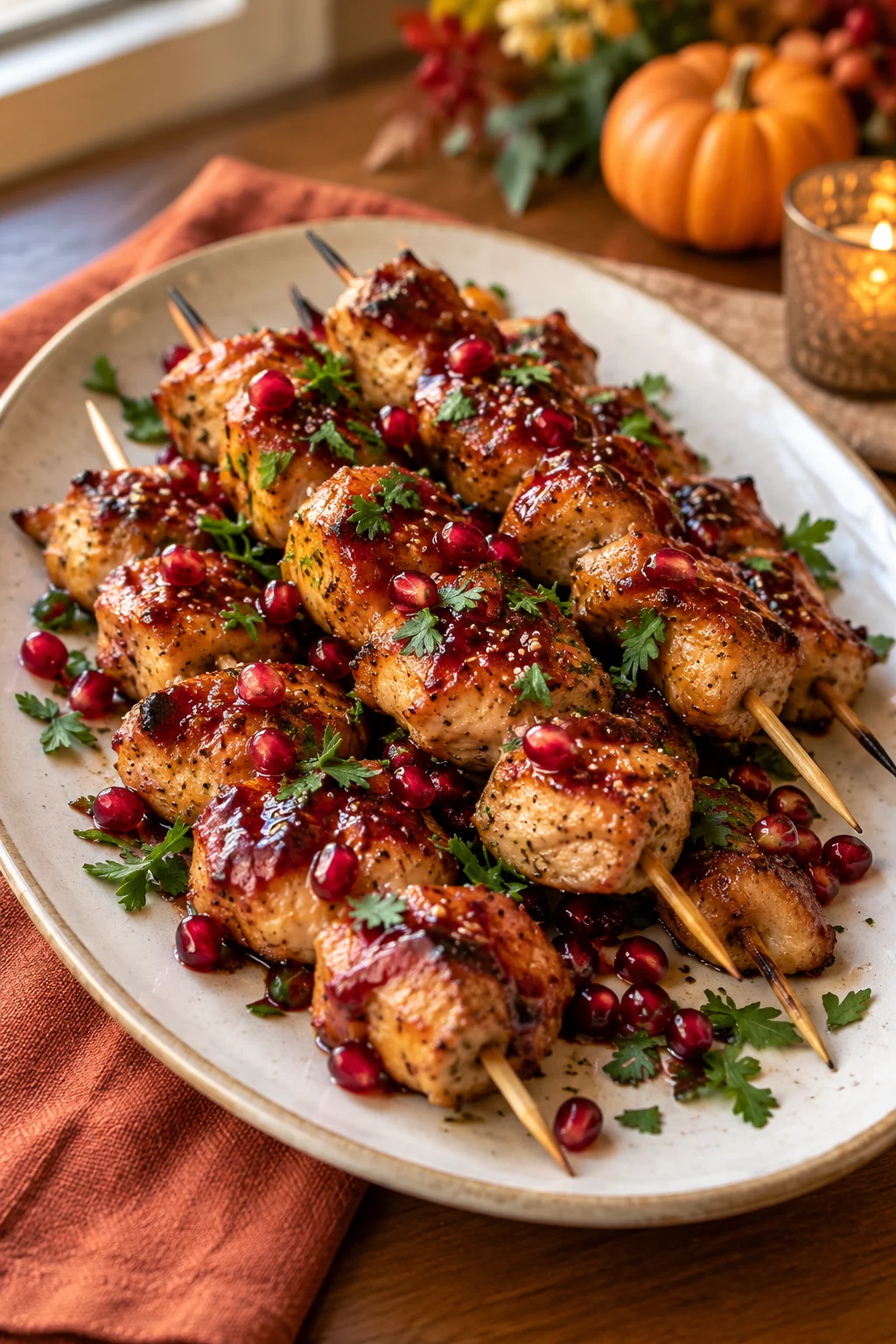 Short chicken appetizer skewers glazed with pomegranate and garnished with parsley