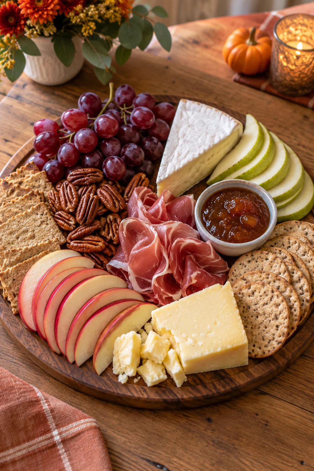 Thanksgiving charcuterie board with cheeses cured meat crackers fruit nuts and preserves