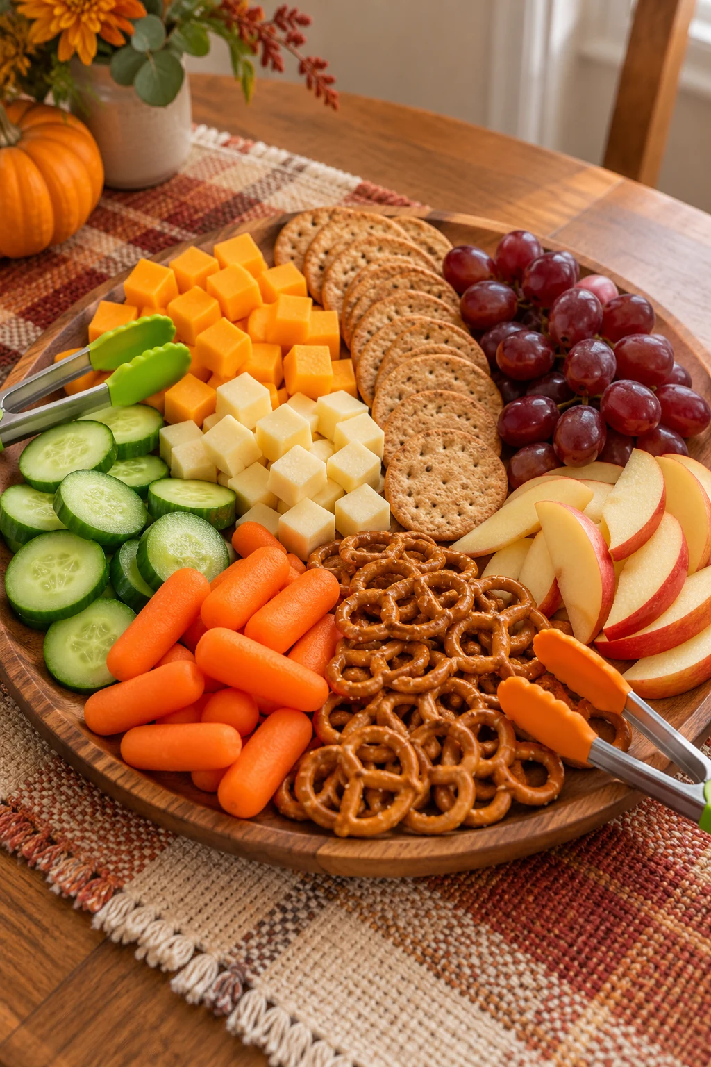 Kid-friendly Thanksgiving snack board with cheese crackers fruit pretzels and vegetables
