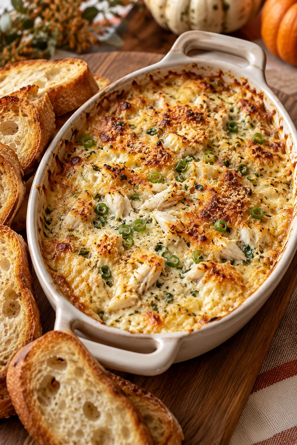 Golden hot crab dip in a small baking dish with toasted baguette slices