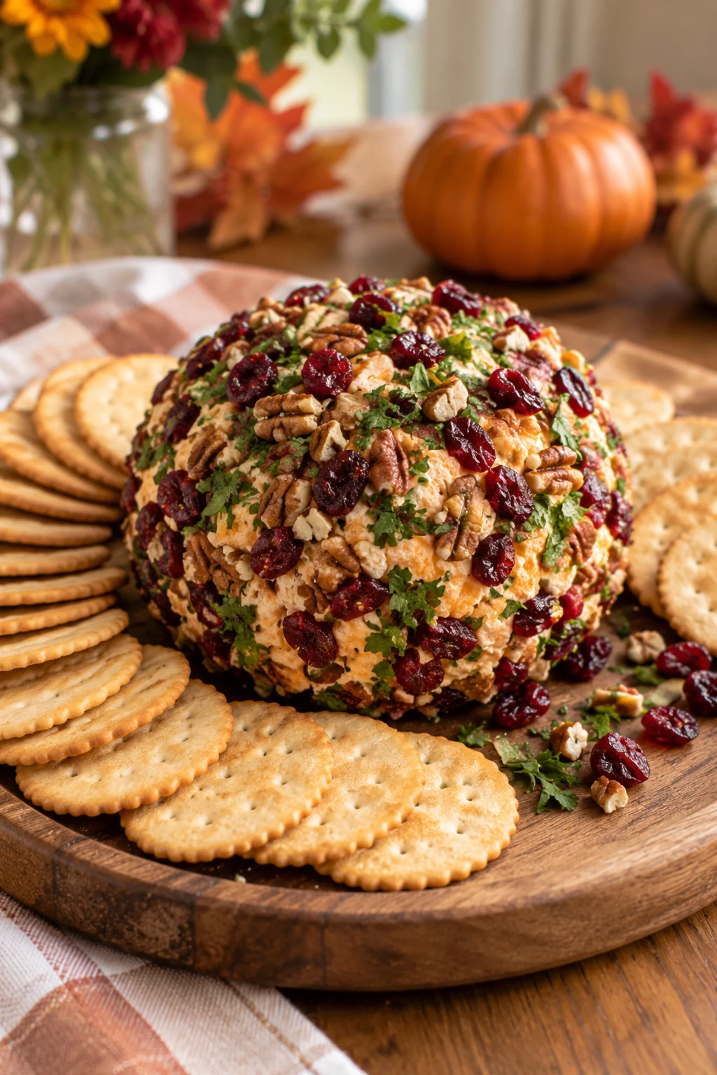 Pimento cheese ball coated with dried cranberries pecans and herbs
